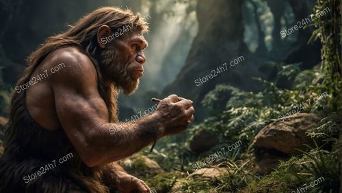 Neanderthal Contemplating Tool in Forest