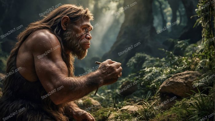 Neanderthal Contemplating Tool in Forest