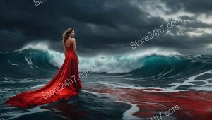 Red Dress Against the Storming Sea