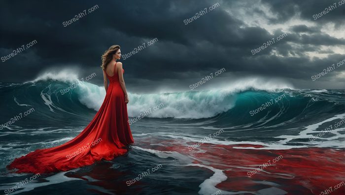 Red Dress Against the Storming Sea