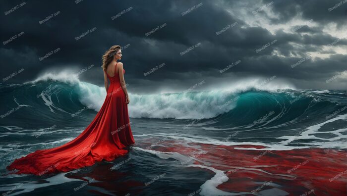 Red Dress Against the Storming Sea