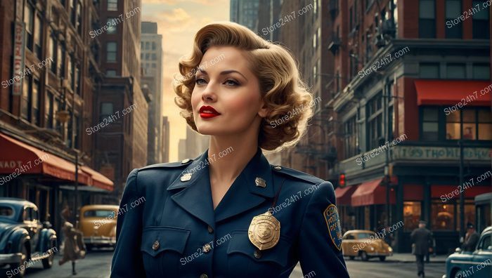 Vintage Police Pin-Up Against Urban Backdrop
