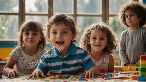 Joyful Children Playing with Blocks