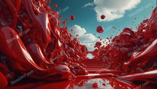 Crimson Flow: Abstract Paint Splash Stairway