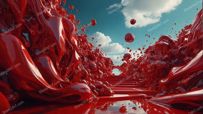 Crimson Flow: Abstract Paint Splash Stairway