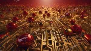 Crimson Orbs on Golden Circuitry