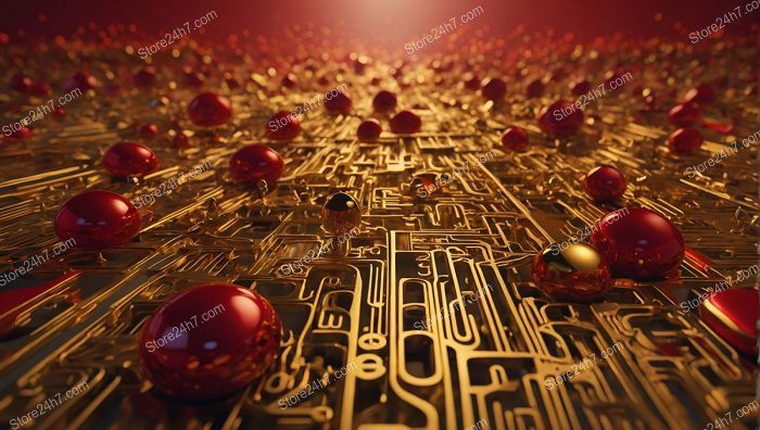 Crimson Orbs on Golden Circuitry