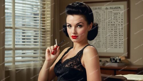 Mid-Century Pin-Up Secretary Posing with Pen