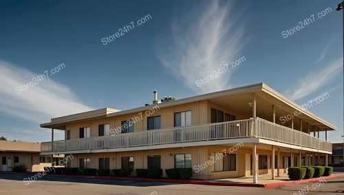 Classic Roadside Motel Under Blue Sky