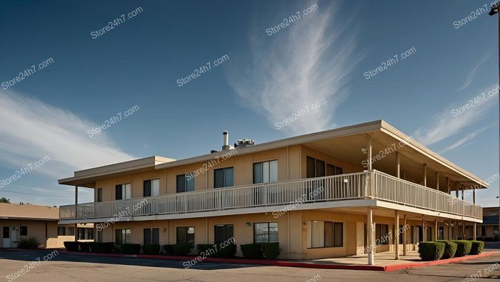 Classic Roadside Motel Under Blue Sky