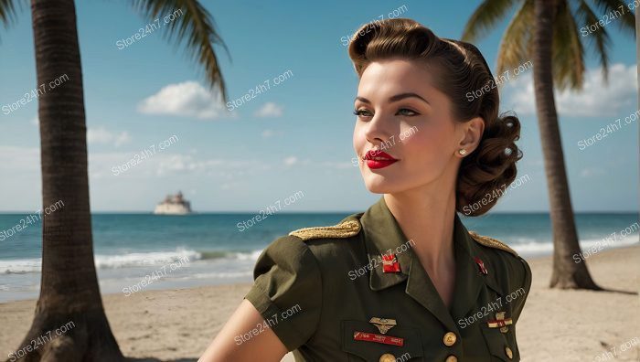 Sun-Kissed Army Pin-Up Girl Beachside