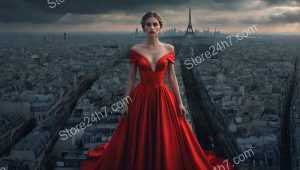 Red Dress Reigns Over Parisian Skyline