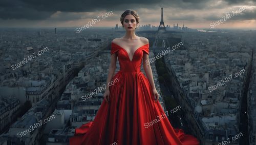Red Dress Reigns Over Parisian Skyline