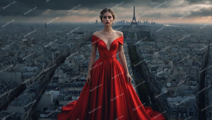 Red Dress Reigns Over Parisian Skyline