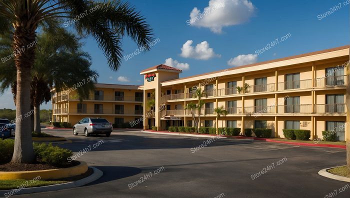 Sunny Palm-Lined Hotel Facade
