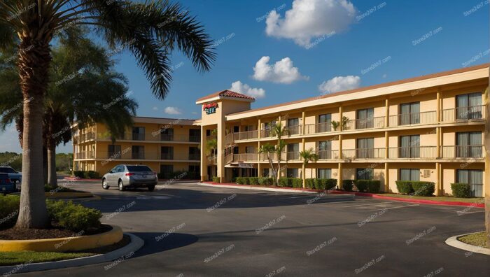 Sunny Palm-Lined Hotel Facade