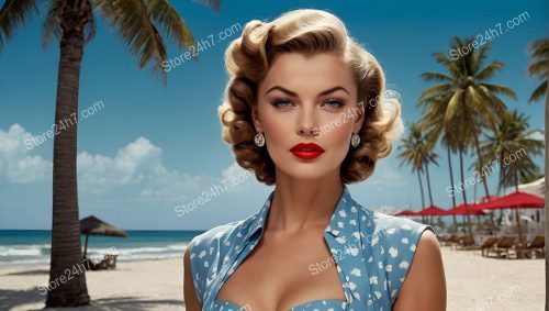Vintage Blue Dress Beach Pin-Up Beauty