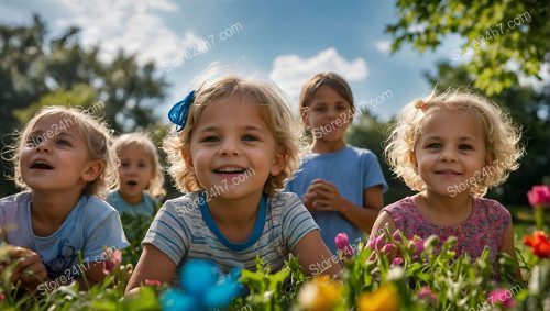Children Laughing in Flower Garden