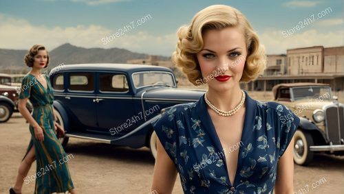 Thirties Pin-Up Style Women Classic Car Scene