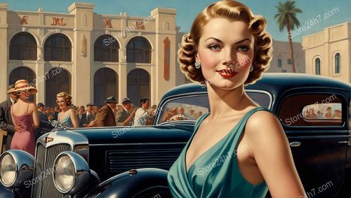 Elegant 1930s Pin-Up with Classic Car