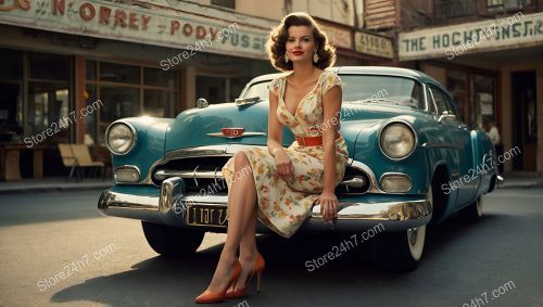 Vintage Pin-Up Girl with Classic Car