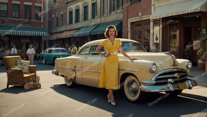 Fifties Pin-Up Model Posing with Yellow Car