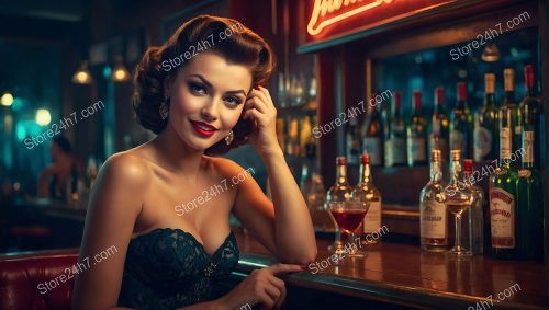 Chic Pin-Up Girl Enjoys Cozy Bar Evening