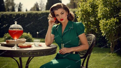 Sophisticated Pin-Up Lady in Verdant Home Garden