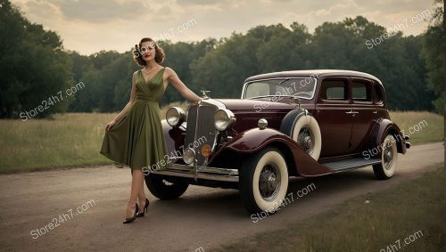 Elegant 1930s Pin-Up Model with Vintage Car