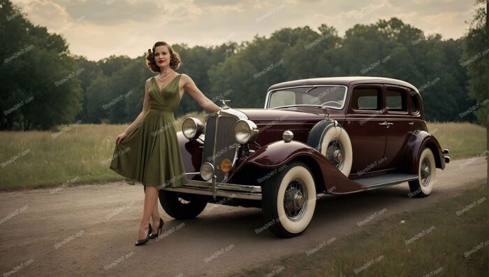 Elegant 1930s Pin-Up Model with Vintage Car