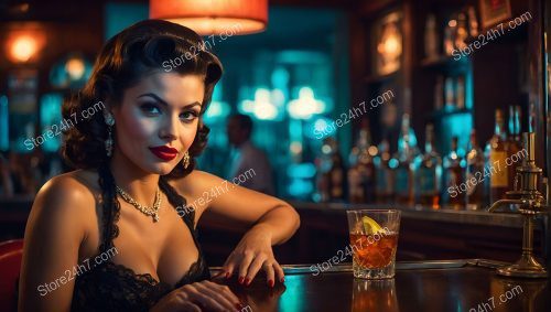 Alluring Pin-Up Girl Sipping Whiskey at Bar