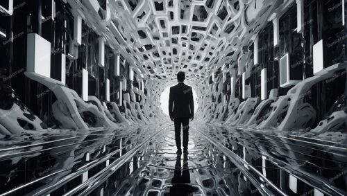 Man Against Surreal Geometric Void