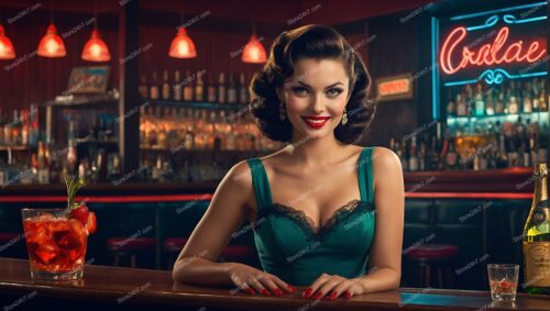 Retro Pin-Up Girl Radiating Joy at Bar