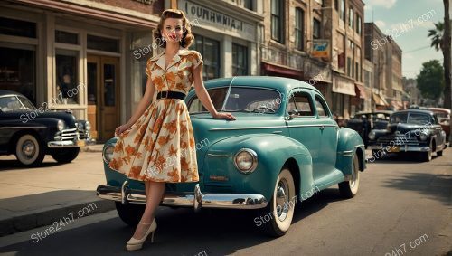 Fifties Pin-Up Model Poses with Classic Car