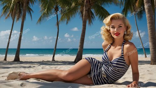 Sultry Striped Swimsuit Beach Pin-Up