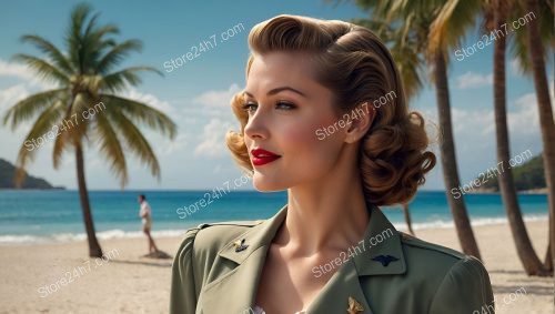 Tropical Shoreline Army Pin-Up in Uniform