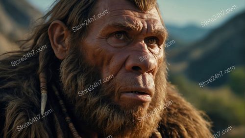 Neanderthal's Reflective Gaze Over Mountains