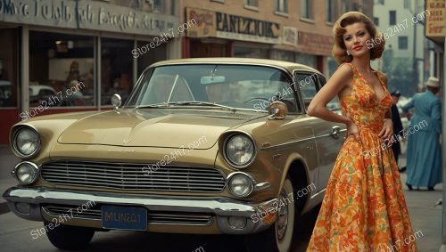 Vintage Pin-Up Model Beside Classic Car