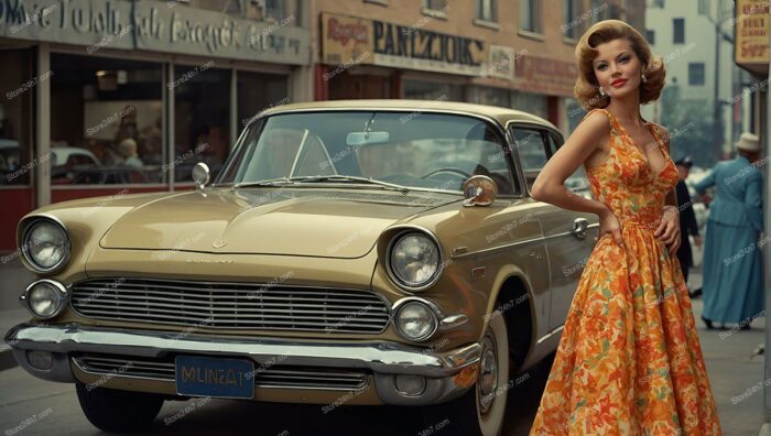 Vintage Pin-Up Model Beside Classic Car