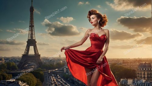Scarlet Dress Dance in Parisian Sunset Bliss