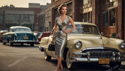Silver Glamour: 1950s Pin-Up with Vintage Car