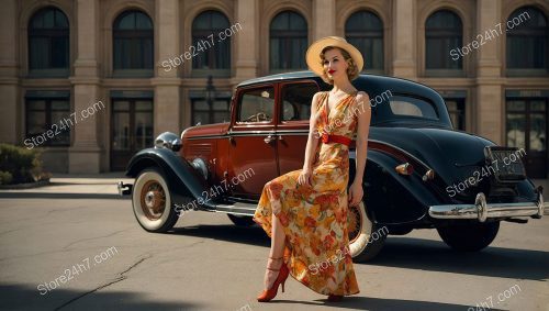 Forties Pin-Up Style Lady with Classic Car