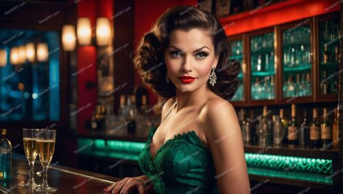 Green Dress Pin-Up Girl at Bar