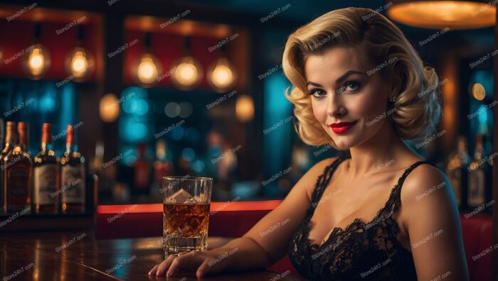 Sultry Pin-Up Girl Relishing Bar Whiskey