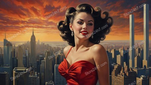 Scarlet Dress Amidst New York Sunset