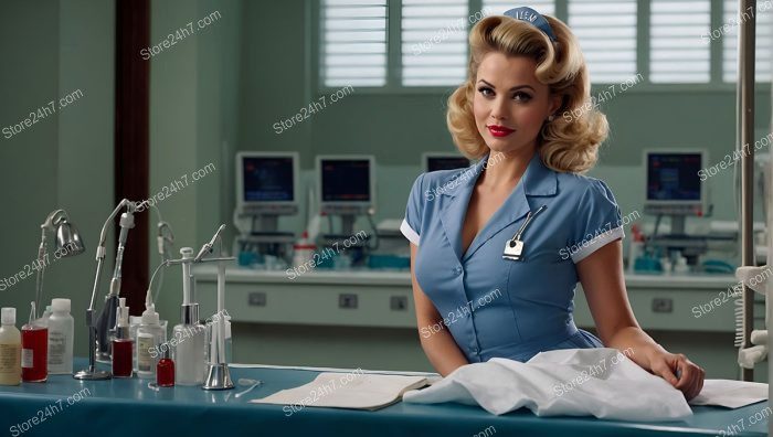 Retro Blue Pin-Up Nurse Elegance