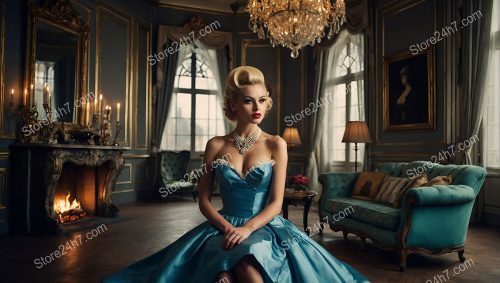 Elegant Pin-Up in Blue Gown