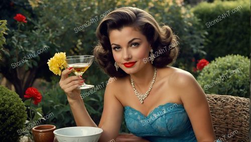Elegant Pin-Up Lady Sips Martini in Blue