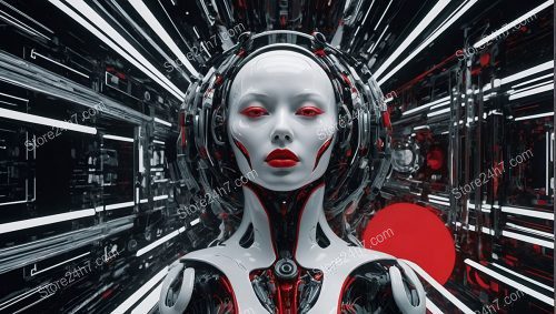 Cyborg Elegance in Surreal Red Contrast