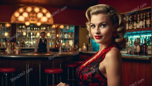 Elegant Pin-Up Girl in Red at Bar